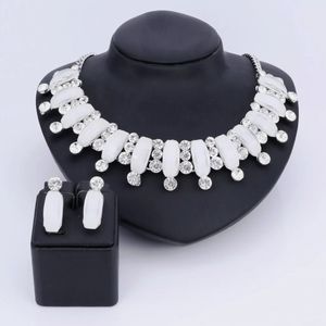 Silver plated white crystal necklace earrings set